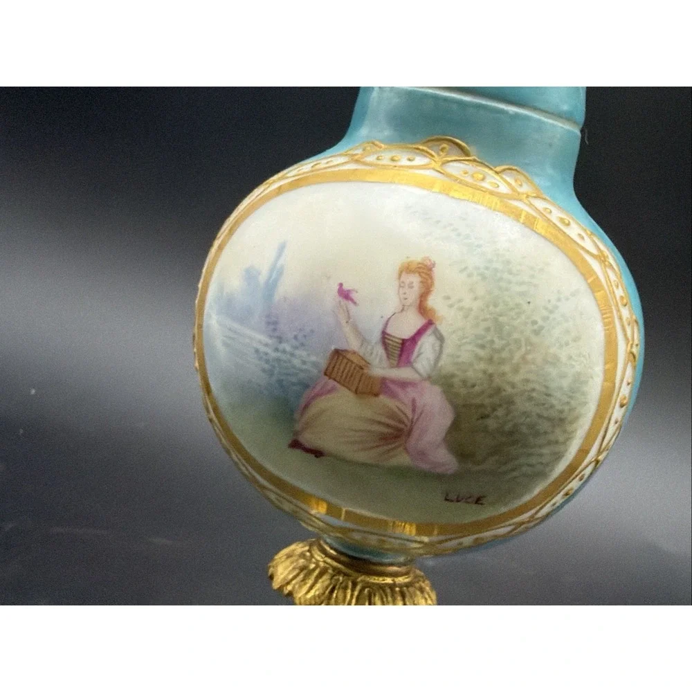 Antique Sevres Style Porcelain Vase Signed Luce Hand Painted Gilt Bronze 6